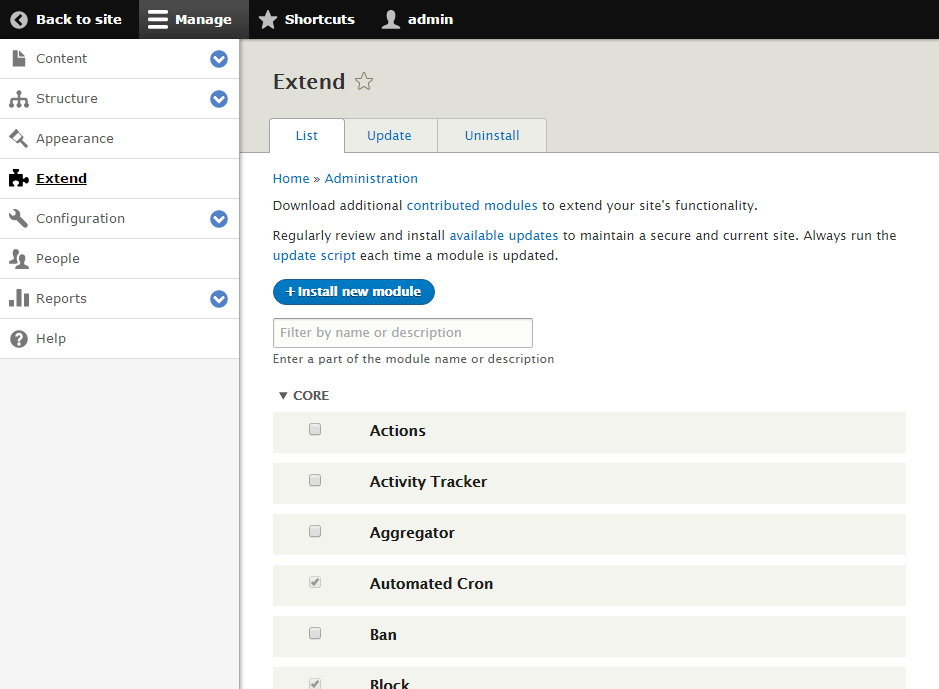 Drupal &apos;Extend&apos; screen